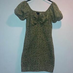 Stylehouse Olive Green Print Mini Dress S/M Peasant Boho Flowy Empire Waist